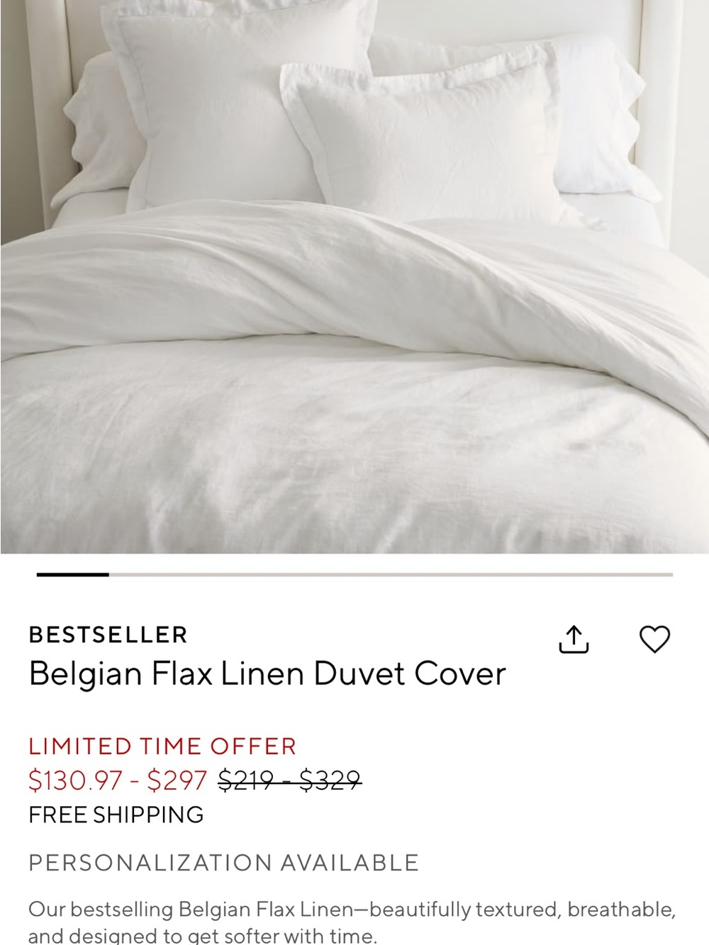 Pottery Barn Belgian Flax Linen Duvet Cover - White
